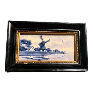 Framed Antique Nordic Delft Blue Ceramic Tile, Stamped, Hand Painted & Signed For Sale