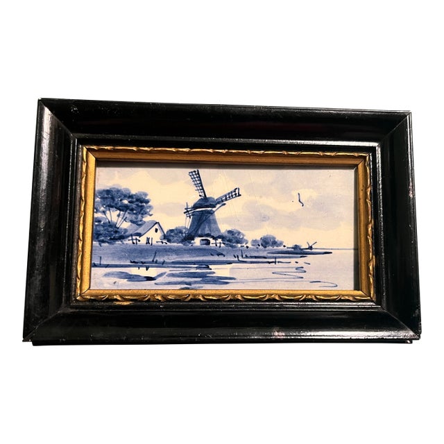 Framed Antique Nordic Delft Blue Ceramic Tile, Stamped, Hand Painted & Signed For Sale