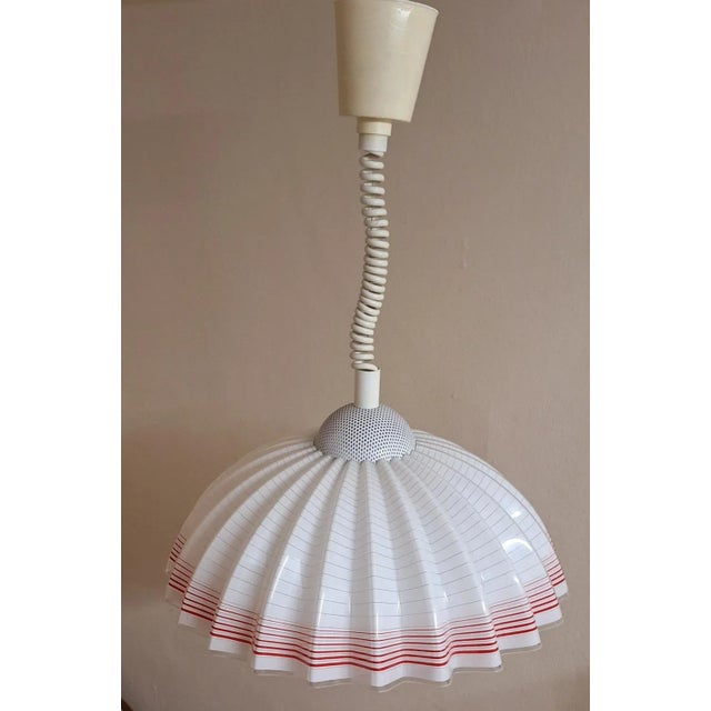 Vintage Height-Adjustable Ceiling Lamp with White Plastic Shade with Red Decor, 1970s For Sale - Image 4 of 8