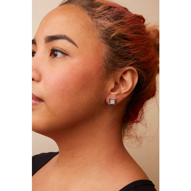 10K White Gold 1/2 Cttw Composite Princess Diamond Square and Swirl Stud Earrings, A Pair For Sale - Image 4 of 5