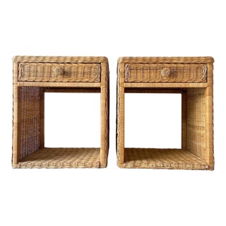 Vintage Boho Chic Wicker Nightstands - a Pair For Sale