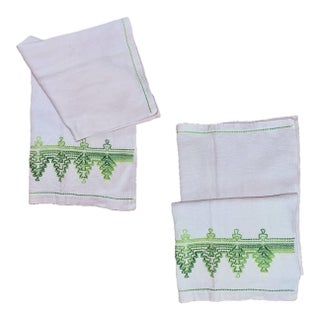Set of 2 50’s Vintage Swedish Huck Weave Hand Towels Linen/Cotton White With Green Design For Sale