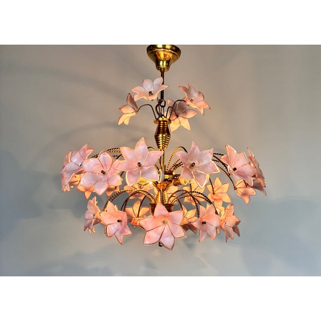 1980s Pink Murano Style Hand Painted Floral Glass Chandelier For Sale - Image 9 of 16