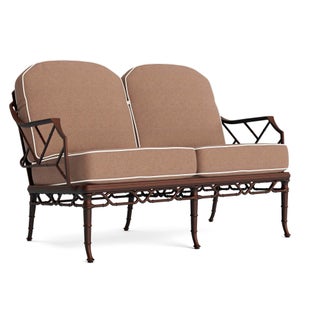 Brown Jordan Calcutta Loveseat in Almandine with Fusion Clay and Sea Salt Welt Cushions For Sale