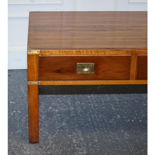 Vintage Military Campaign Yew Wood and Brass 3 Drawer Coffee Table For Sale - Image 4 of 14