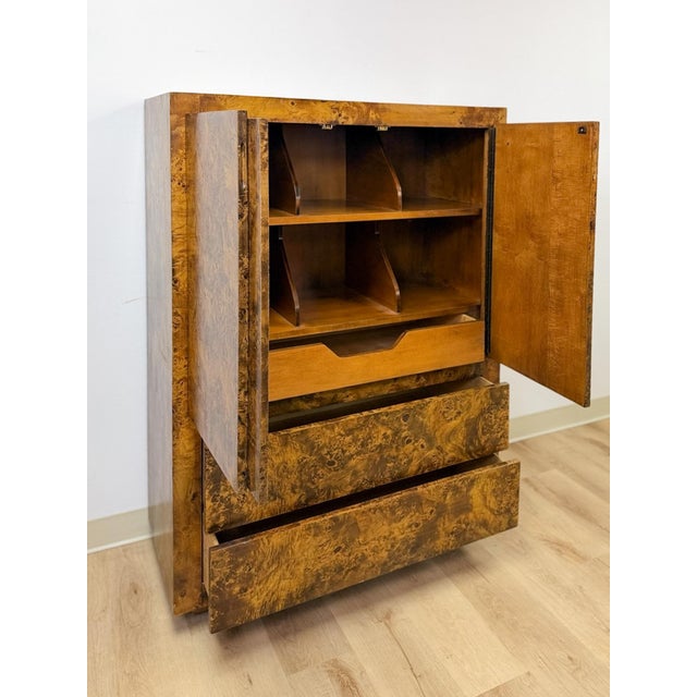 Vintage John Stuart MCM Burlwood Tallboy Armoire, Drawers and Doors, Collectable For Sale - Image 10 of 11