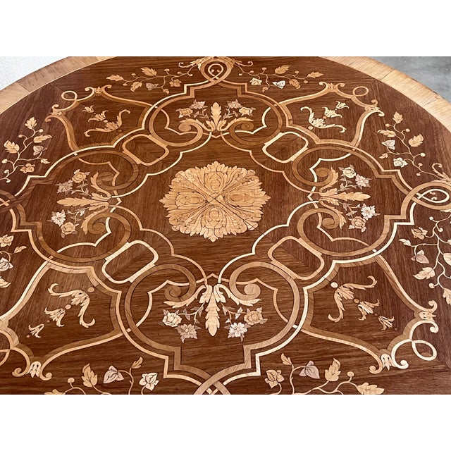 20th French Marquetry Round Center Table With Four Cabriole Legs '2 Available' For Sale - Image 10 of 11