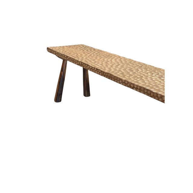 Solid Teak Wood Bench With Hand-Hewn Detailing and Sculptural Leg Form For Sale - Image 6 of 7