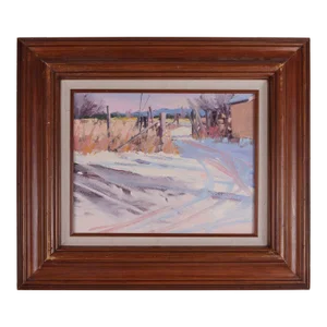 Unsigned Snowy Trail Through Gate Oil Painting