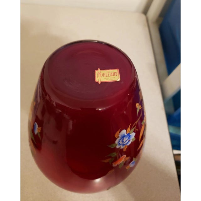 Mid-Century Modern Vintage Norleans Ruby Red W/ Butterflies & Flowers 10" Vase For Sale - Image 3 of 6