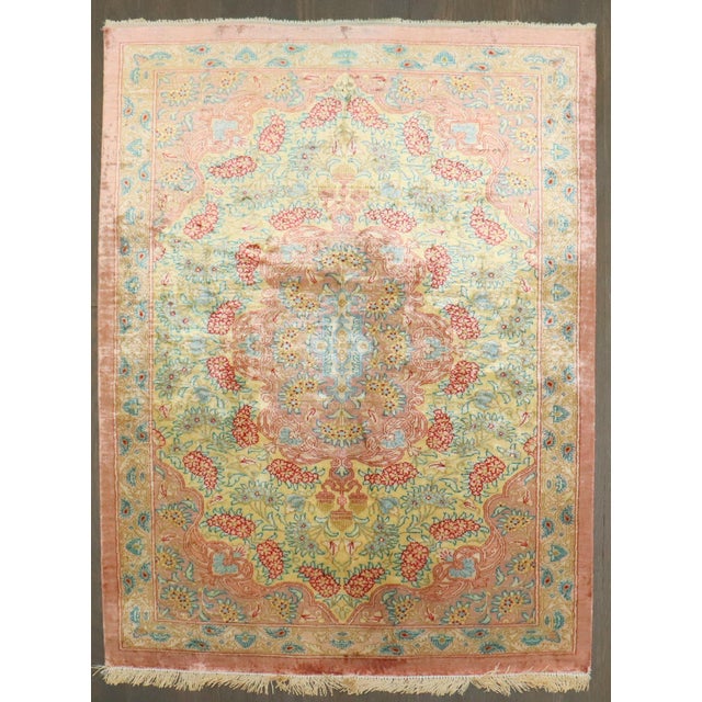 Textile Zabihi Collection Botanical Silk Persian Qum Mini Rug For Sale - Image 7 of 9