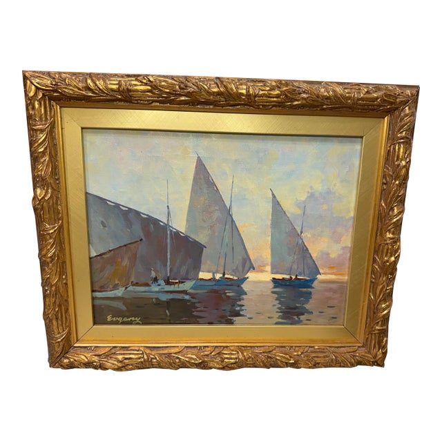 Vintage Original Evgeny Expressionism Nautical Sail Boat Oil Painting on Canvas For Sale