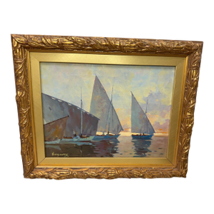 Vintage Original Evgeny Expressionism Nautical Sail Boat Oil Painting on Canvas