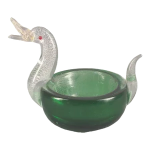 Vintage Attributed Murano Art Glass Green Silver Fleck Swan Trinket Holder Candy Dish Bowl