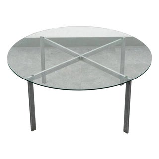 1960s Mid Century Modern Coffee Table Metal Round Glass Vintage Circular X Base Silver For Sale