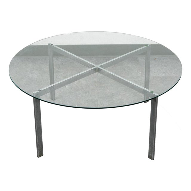 1960s Mid Century Modern Coffee Table Metal Round Glass Vintage Circular X Base Silver For Sale