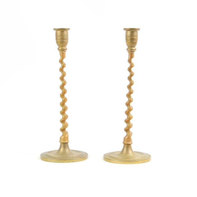 Traditional Vintage Solid Brass Twisted Swirl Candlesticks - A Pair For Sale - Image 3 of 12