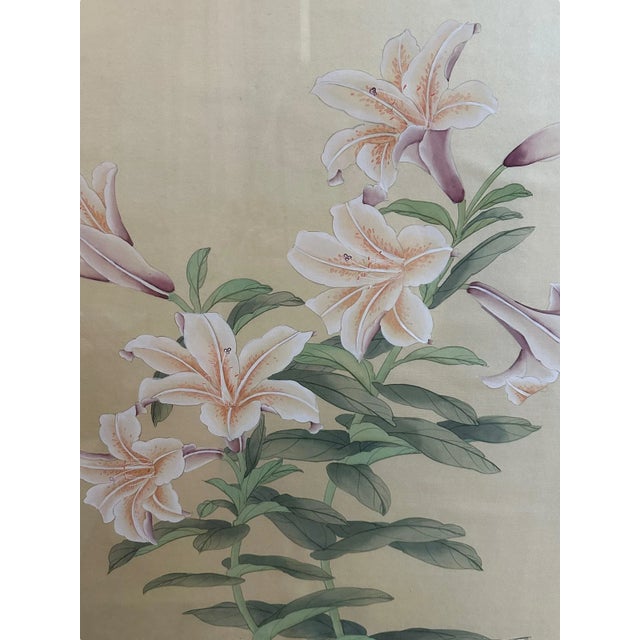 Large Pair of Asian Inspired Botanical Prints in Gold Bamboo Frames. This impressive pair features large bunches of light...