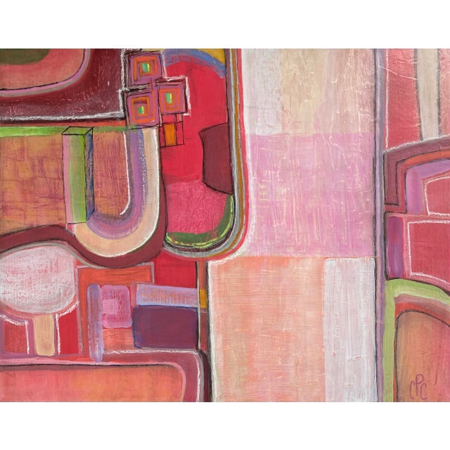 Small Geometric Abstract in Pink and Red, Acrylic on Board For Sale