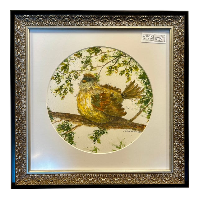 Original Watercolor Ink and Wash Painting “Poofy Bird” For Sale