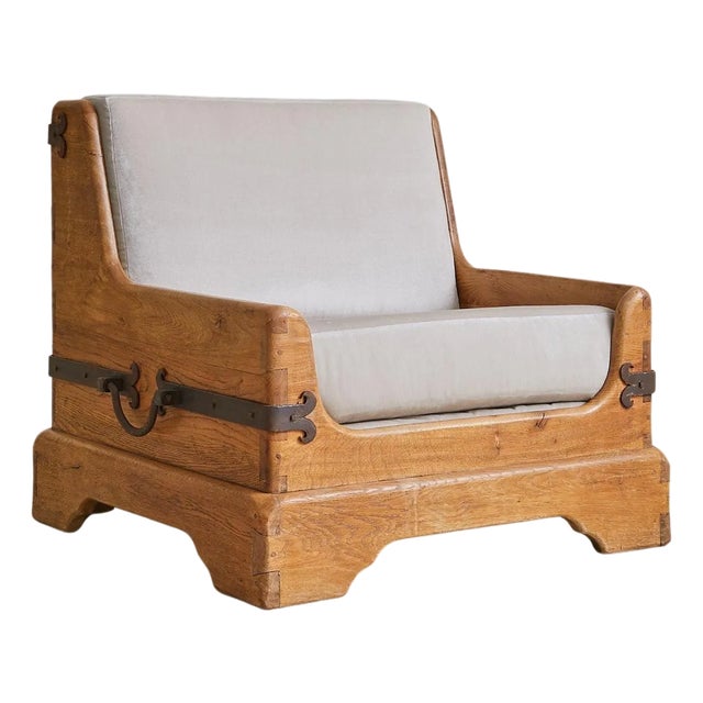 French Oak + Iron Armchair in Almond Velvet, 1950s - 2 Available For Sale