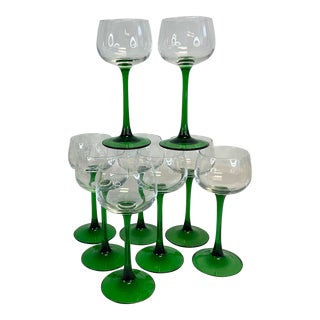 Mid-Century French Emerald Green Stem Wine Glasses - Set of 9. For Sale