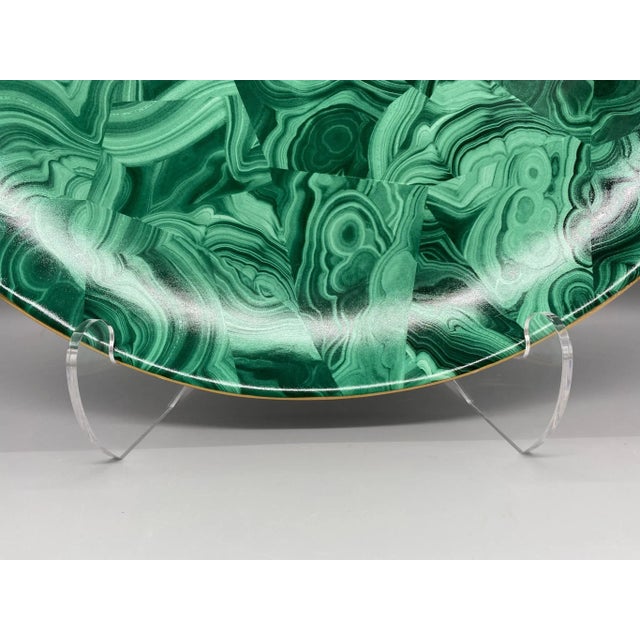 Contemporary Oversized Contemporary Faux Malachite Charger/ Platter/ Bowl With Gold Accents and Acrylic Stand For Sale - Image 3 of 13