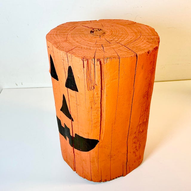 Vintage Americana Folk Art Boho Chic Wood Stump Jack-O-Lantern Low Stool - Halloween For Sale - Image 9 of 11