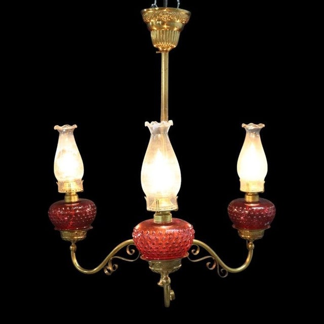 Brass & Cranberry Glass Electrified 3-Light Hanging Chandelier C1880 For Sale - Image 10 of 10