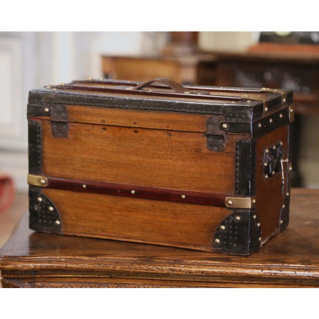 Late 19th Century 19th Century French Poplar, Iron, Brass and Leather Travel Trunk Jewelry Box For Sale - Image 5 of 7