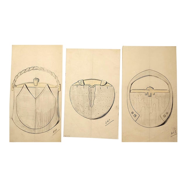 Set of 3 Original French Art Deco Fashion Design Drawings-Pocketbooks, Purses, Documentation For Sale