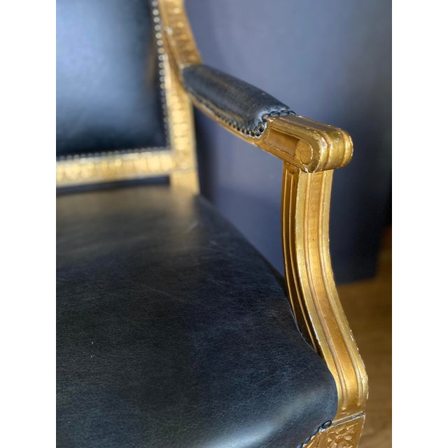 Gustavian (Swedish) Antique Gilt Wood Black Matt Leather Gustavian Sweden Armchairs- a Pair For Sale - Image 3 of 4