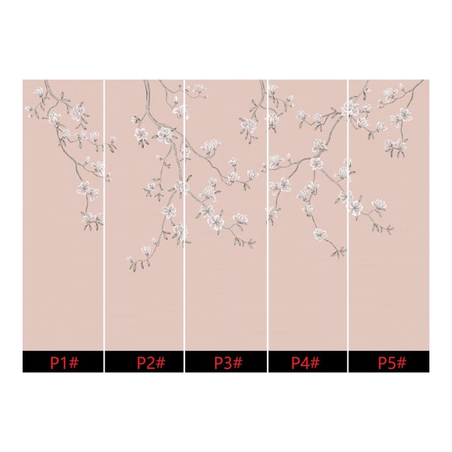 36" * H100"/Panel * 5ps, Pale Pink Magnolia Wallpaepr, Magnolia‌ Wallpaper Mural, 5 Panels For Sale