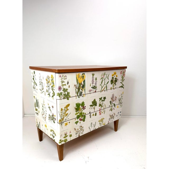 1950’s Swedish Dresser later papered with illustrations by C.A. Lindman book Nordens Flora. Three drawer dresser with...