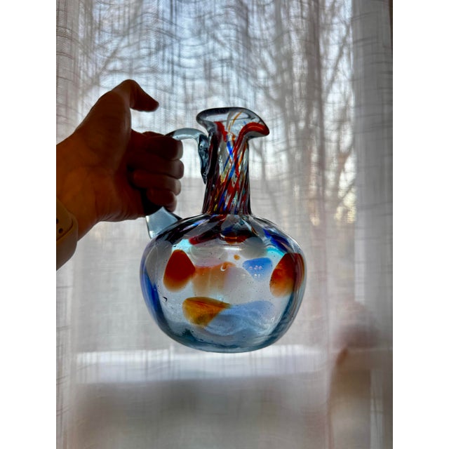 Late 20th Century Hand Blown Studio Art Glass Pitcher With Abstract Color Inclusions For Sale In Portland, OR - Image 6 of 7