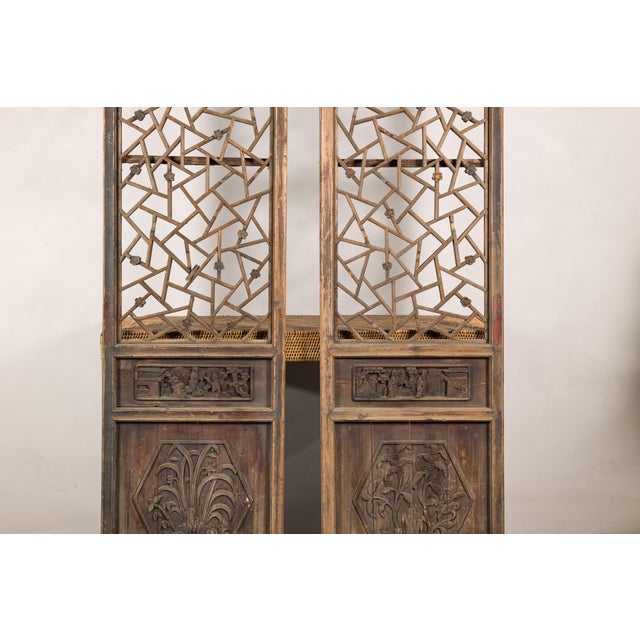 Chinese Pair of Chinese Hand-Carved Lattice Architectural Panels, circa 1900 For Sale - Image 3 of 18