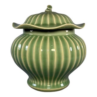 Vintage Chinese Longquan Celadon Porcelain Lidded Jar | One of a Kind, Ribbed‑Striped Body For Sale