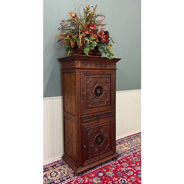 Antique French Breton Armoire Wardrobe Linen Cabinet Double Doors Drawer C. 1900 For Sale In Dallas - Image 6 of 18