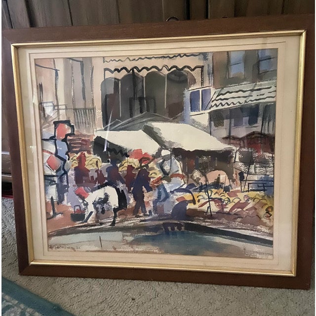Abstract Contemporary Watercolor Painting Vibrant colors Amazing scene with people outside in city By E.G SCHWIND 1962...