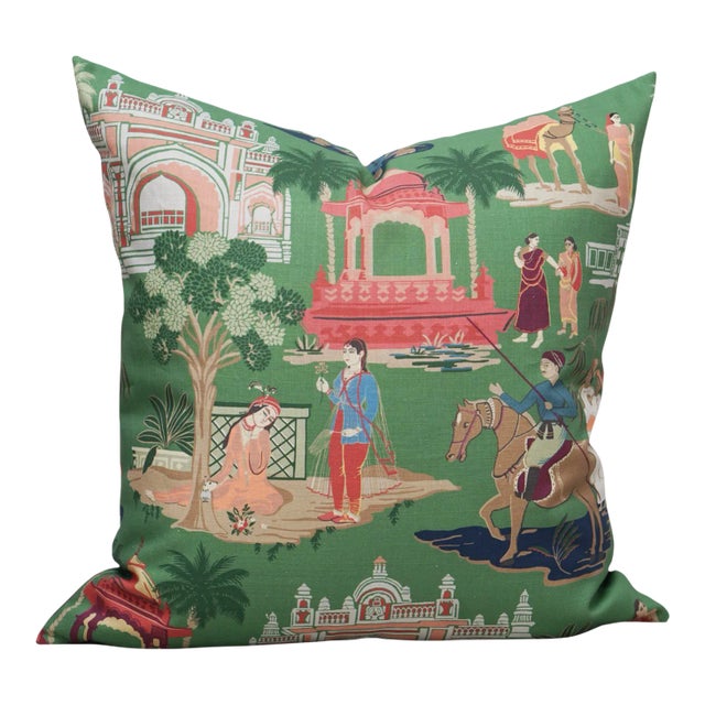 22" Bara Bazaar in Viridian Indian Chinoiserie Pillow For Sale