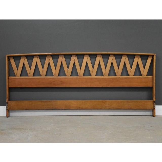 A mid century modern king size maple headboard with a herringbone style lattice work designed by Paul Frankl for Johnson...