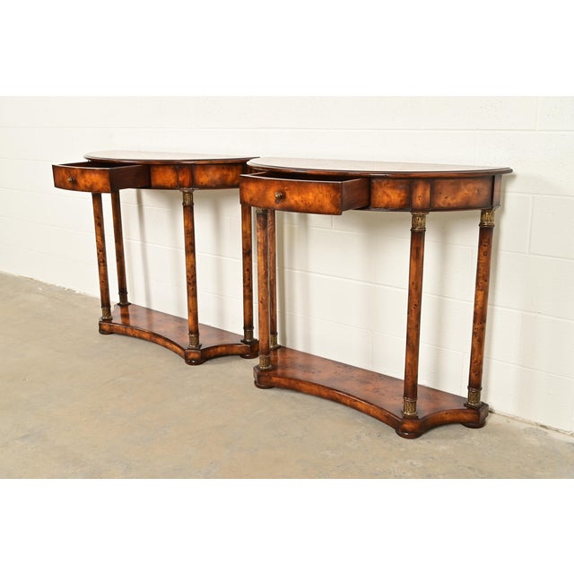 Maitland Smith Style French Empire Burl Wood and Gold Gilt Demilune Console Tables, Pair For Sale In South Bend - Image 6 of 12