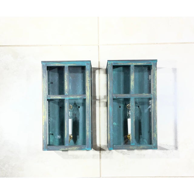 Exquisite Vintage Verdigris Brass Wall Lanterns / Sconces – Pair For Sale - Image 10 of 17