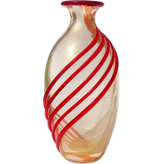 Murano Seguso Signed Vintage Red Bands Heavy Gold Flecks Italian Art Glass Decorative Flower Vase For Sale - Image 9 of 9