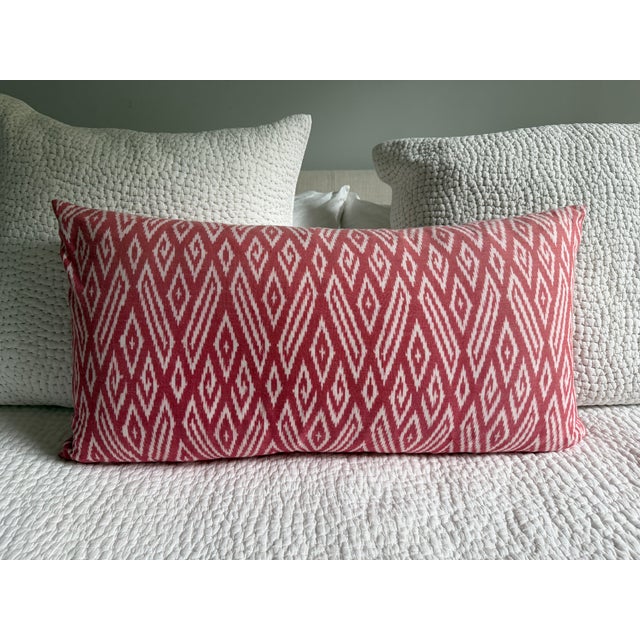 Pink IKAT Hand Printed Bolster including Down Feather insert. 17x32. Hidden Zip Closure.