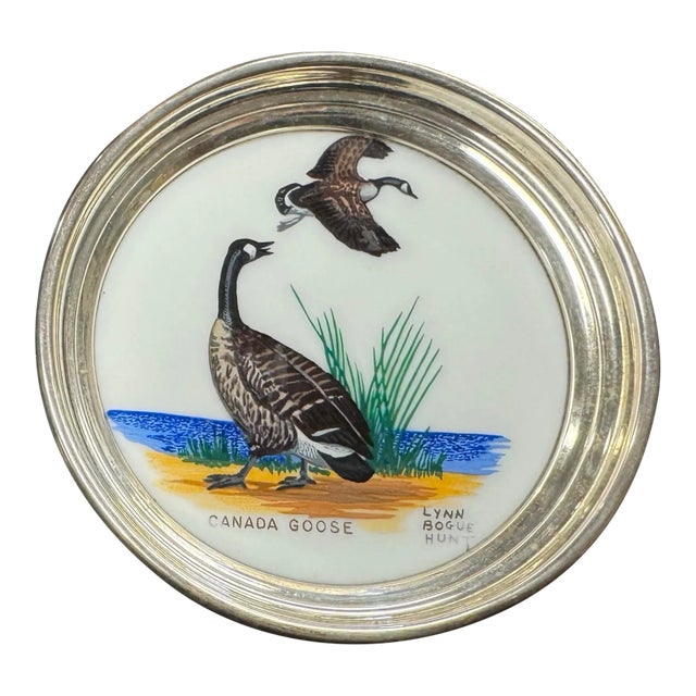 Vintage Hand Painted Porcelain Canada Goose Sterling Rimmed Coaster Hunt For Sale