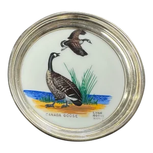 Vintage Hand Painted Porcelain Canada Goose Sterling Rimmed Coaster Hunt