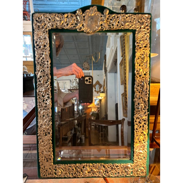 Green Large 19th Century Sterling Silver Frame Mounted on Green Velveteen Framework With Mirror For Sale - Image 8 of 8
