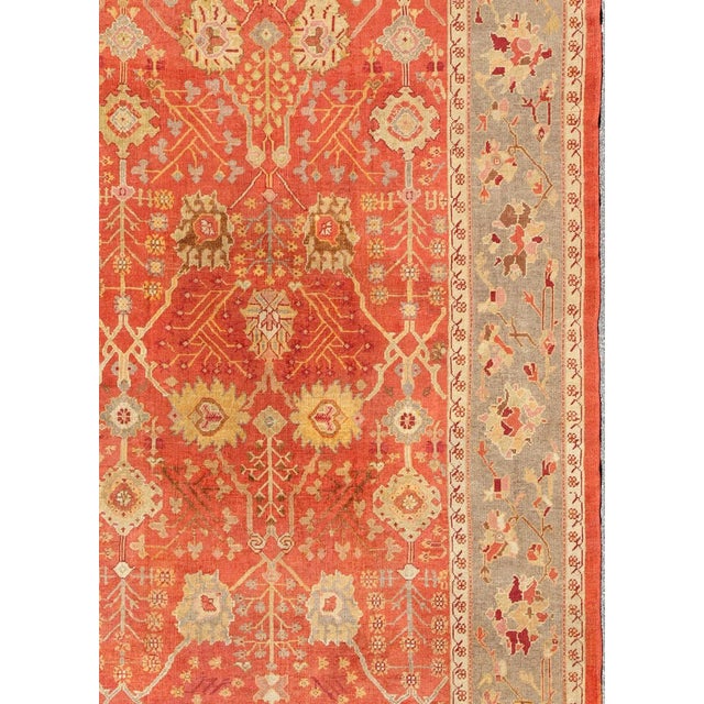 Antique Turkish Oushak Rug With All-Over Design on Orange Red Field and Gray Border For Sale - Image 4 of 9
