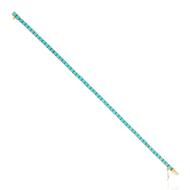 Metal 7.98ct Round Natural Turquoise Cabochon Tennis Bracelet in 14k Yellow Gold For Sale - Image 7 of 16